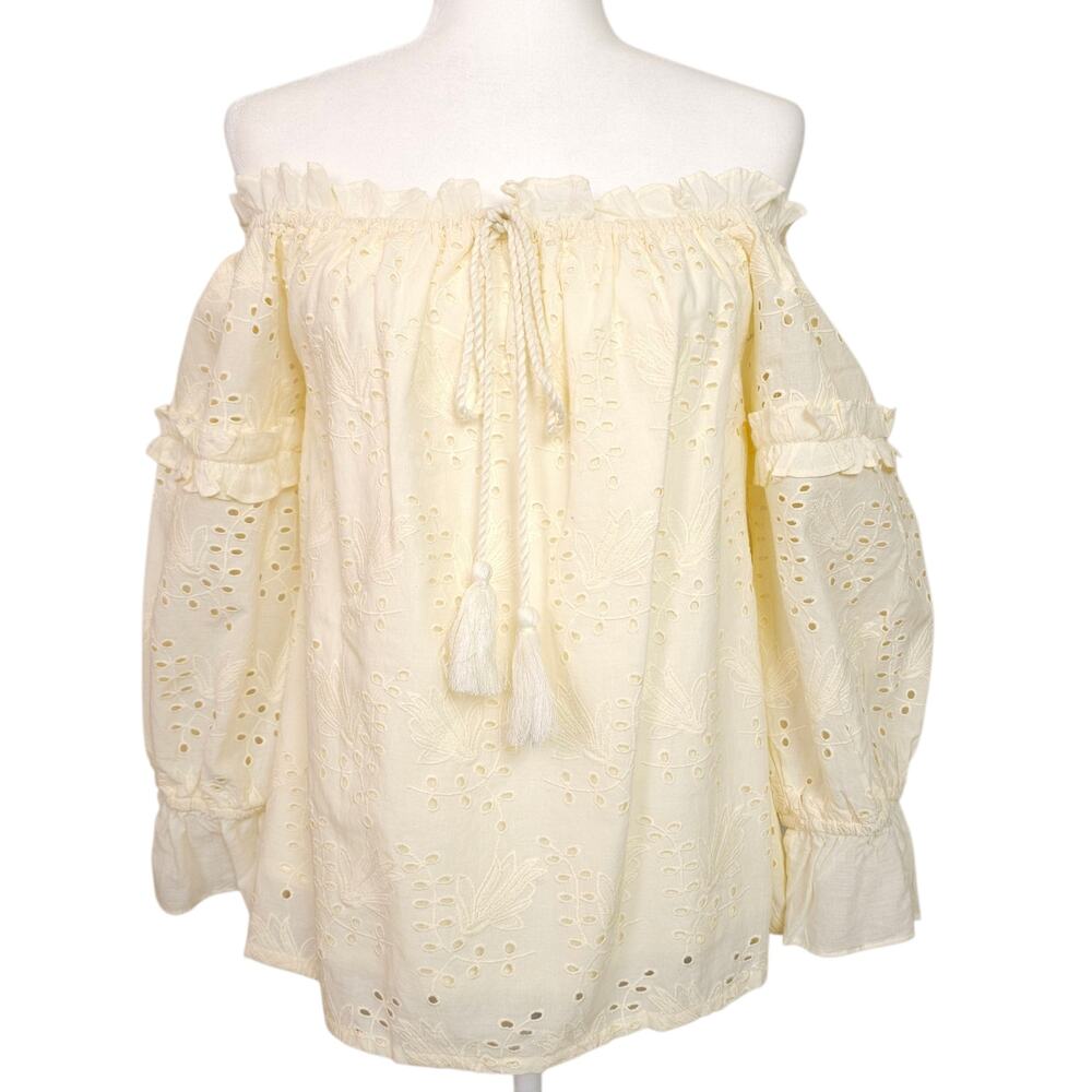 ​NWT Seen Worn Kept Flora Ivory Eyelet Off Shoulder Blouse 8 Tassels Cottagecore